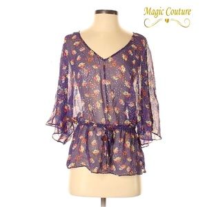 Ella Moss Sheer Silk Purple Silver Dot Floral Dolman Top💜🤍💜